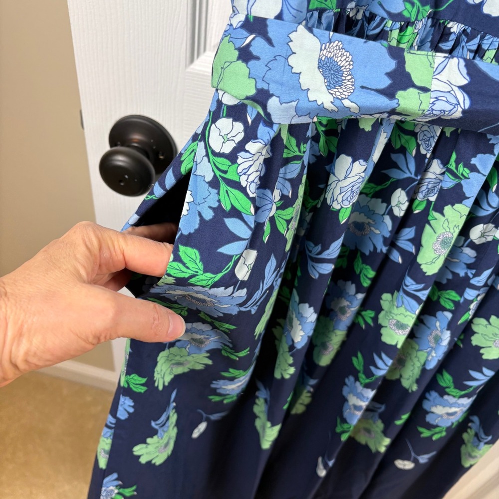 Talbots Floral Cotton Midi Dress 8 Blue Green Fit Flare Pockets Garden Party - Picture 6 of 7